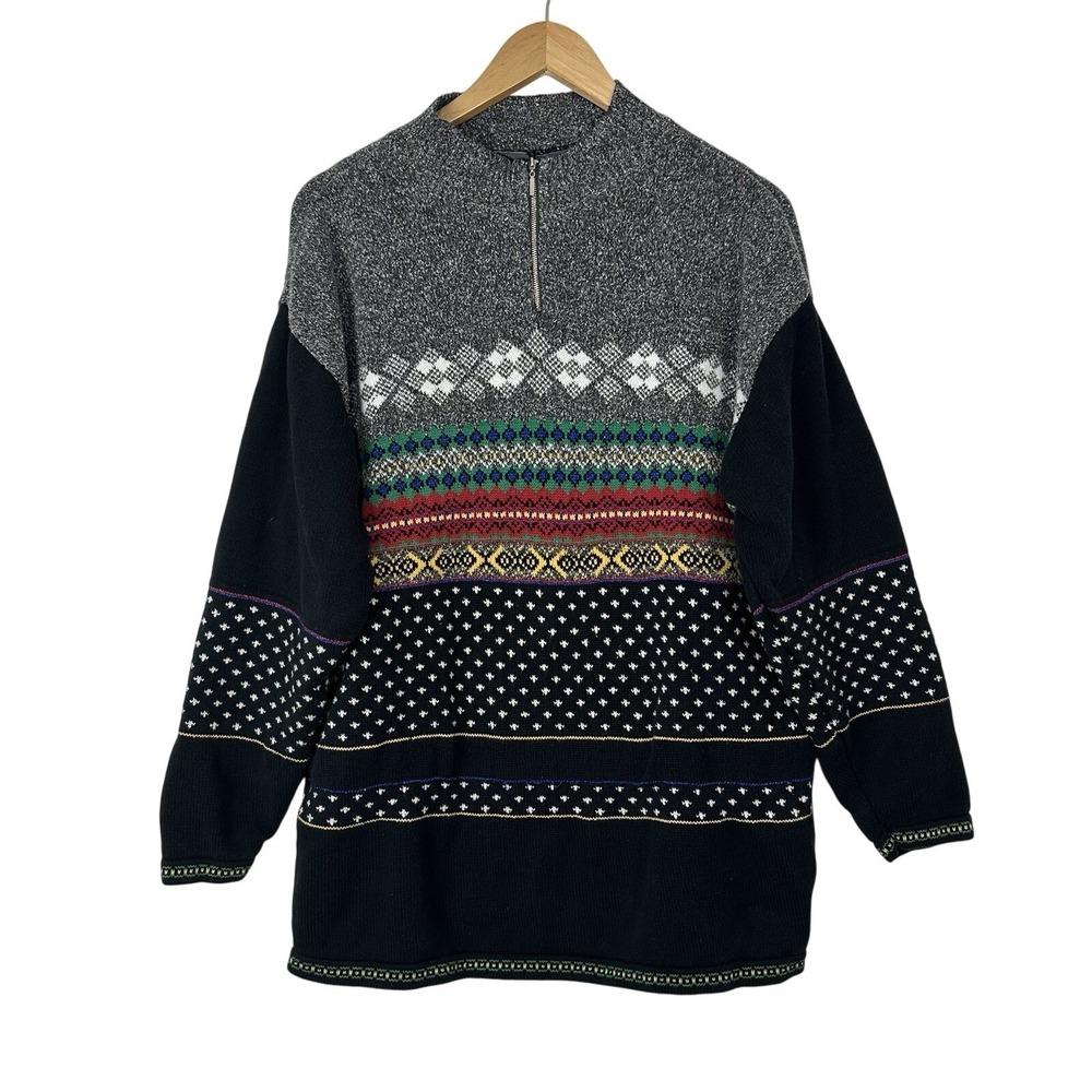 Vintage LizWear Multicolor Fair Isle Sweater Womens Large 1/4 Zip Pullover 80s